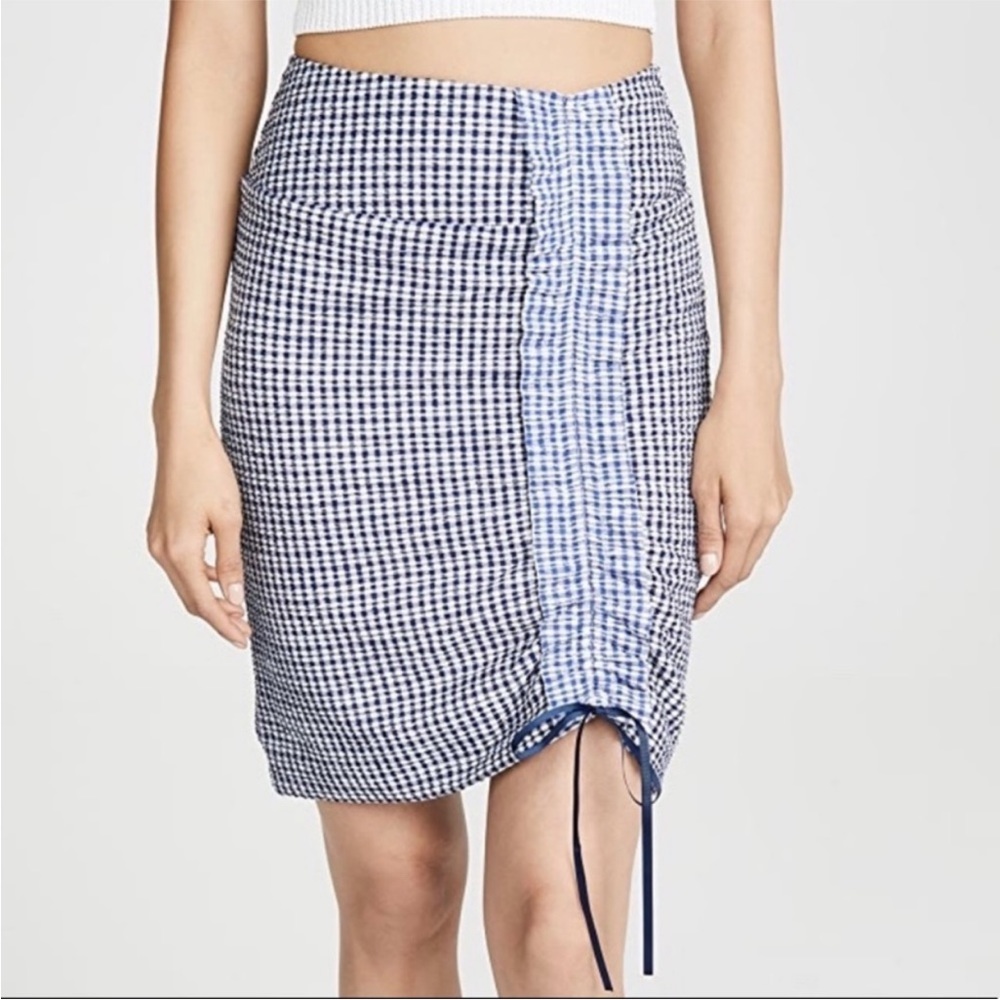 Staud Cello Gingham Plaid Print Knee Length Skirt 2 blue white